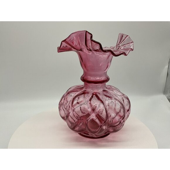 FENTON Cranberry Melon Vase Art Glass Optic Coin Dot Vase Ruffled Edge 8" Tall - Picture 14 of 16